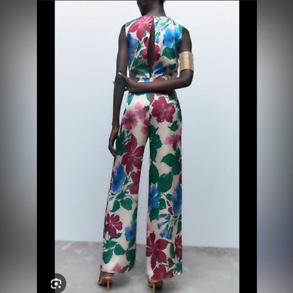 Zara Floral Satin Wide Leg Sleeveless Jumpsuit - Picture 6 of 14